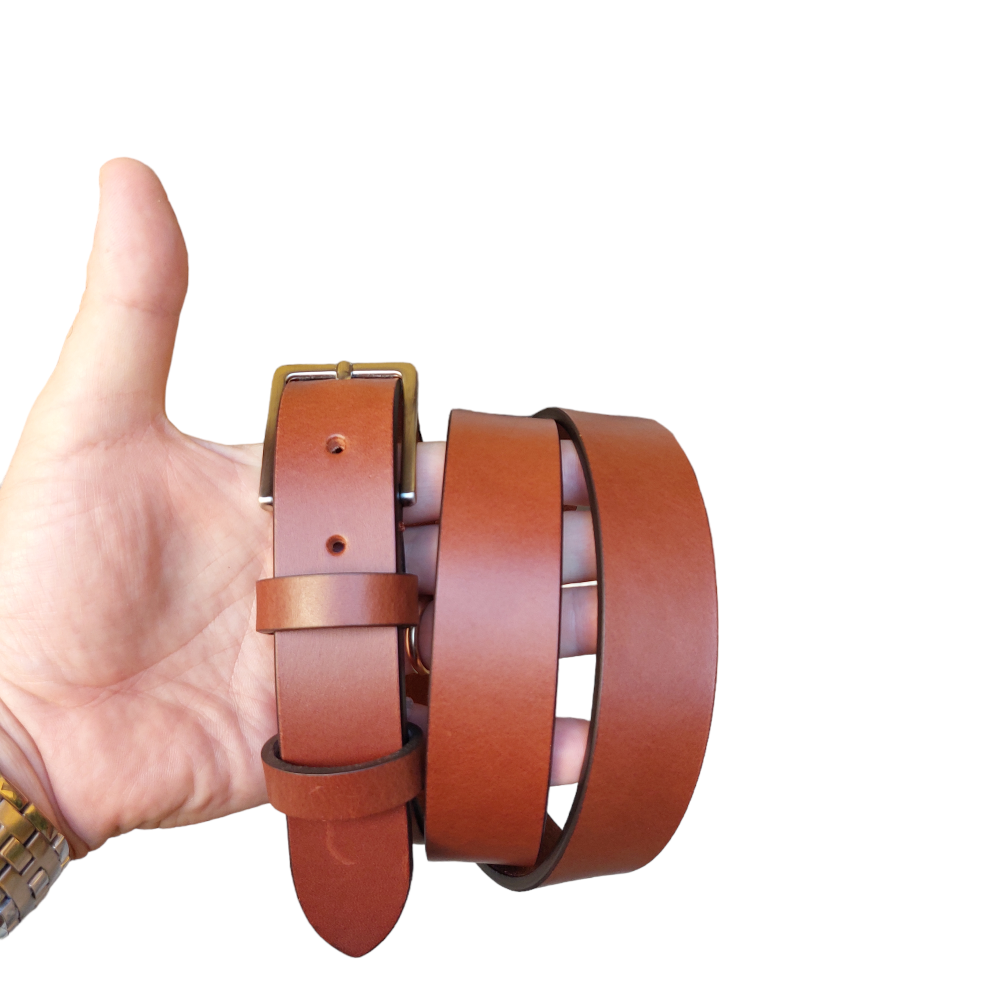 Burnt-colored leather sports belt, 3 cm