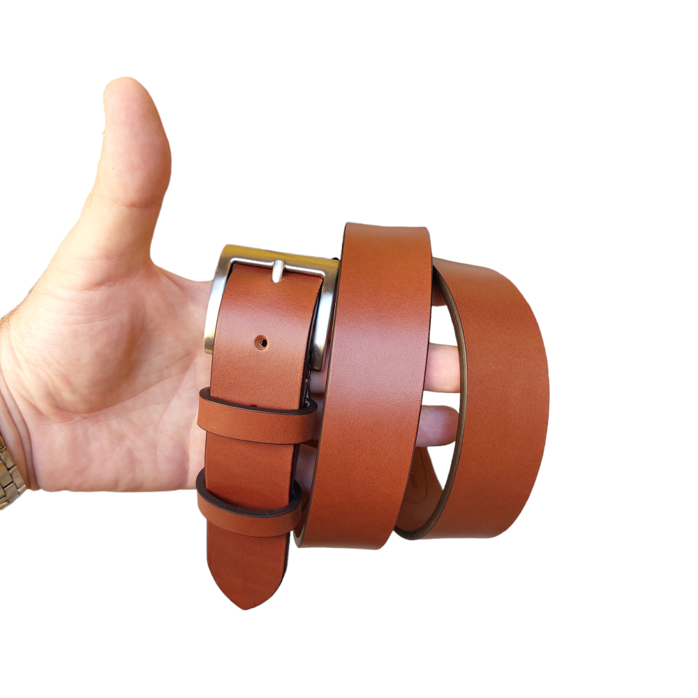 Burnt-colored leather sports belt, 3.5 cm