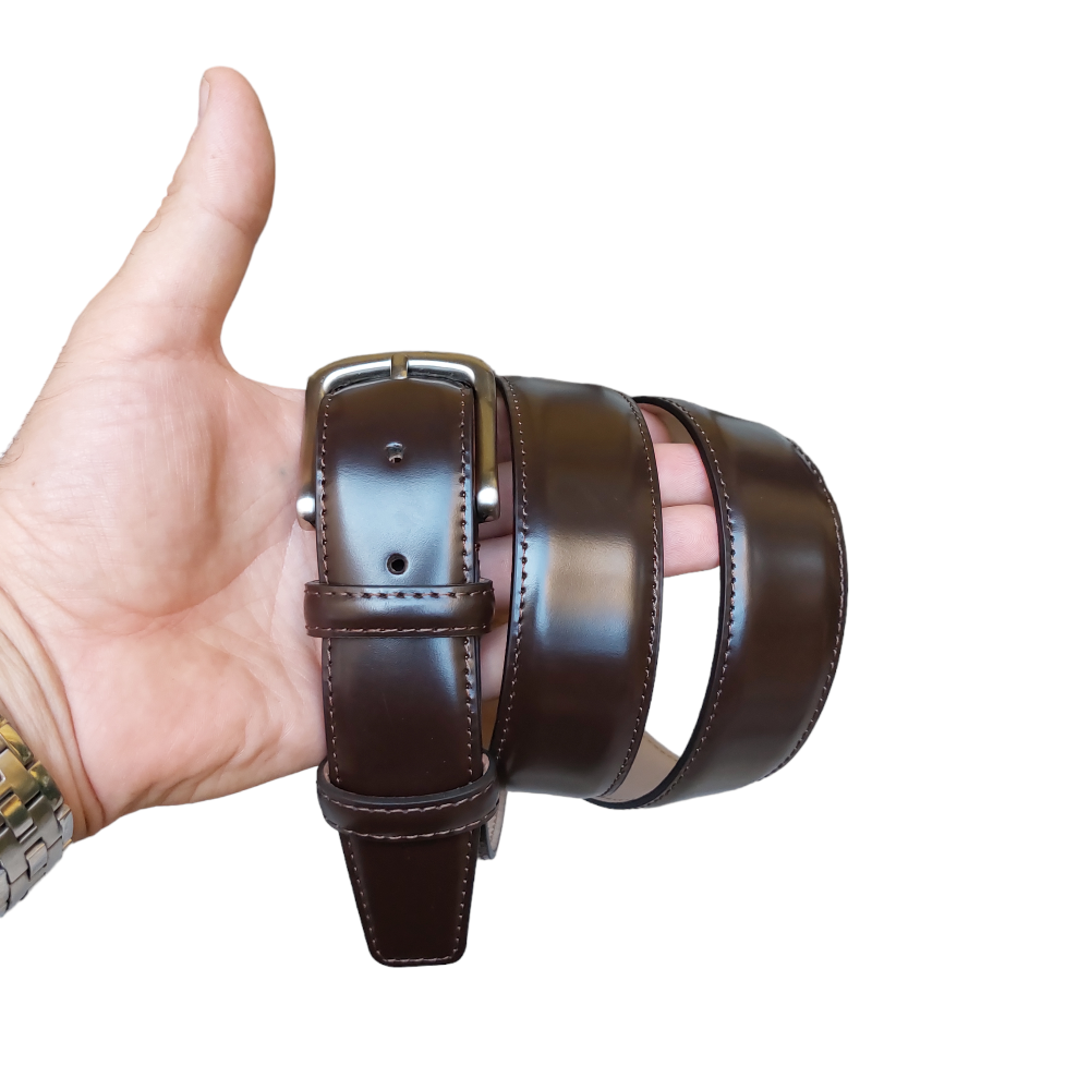 Elegant belt in shiny dark brown calfskin