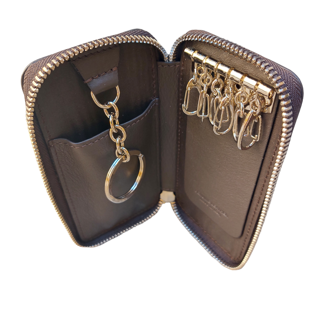 Dark brown leather keychain with zipper