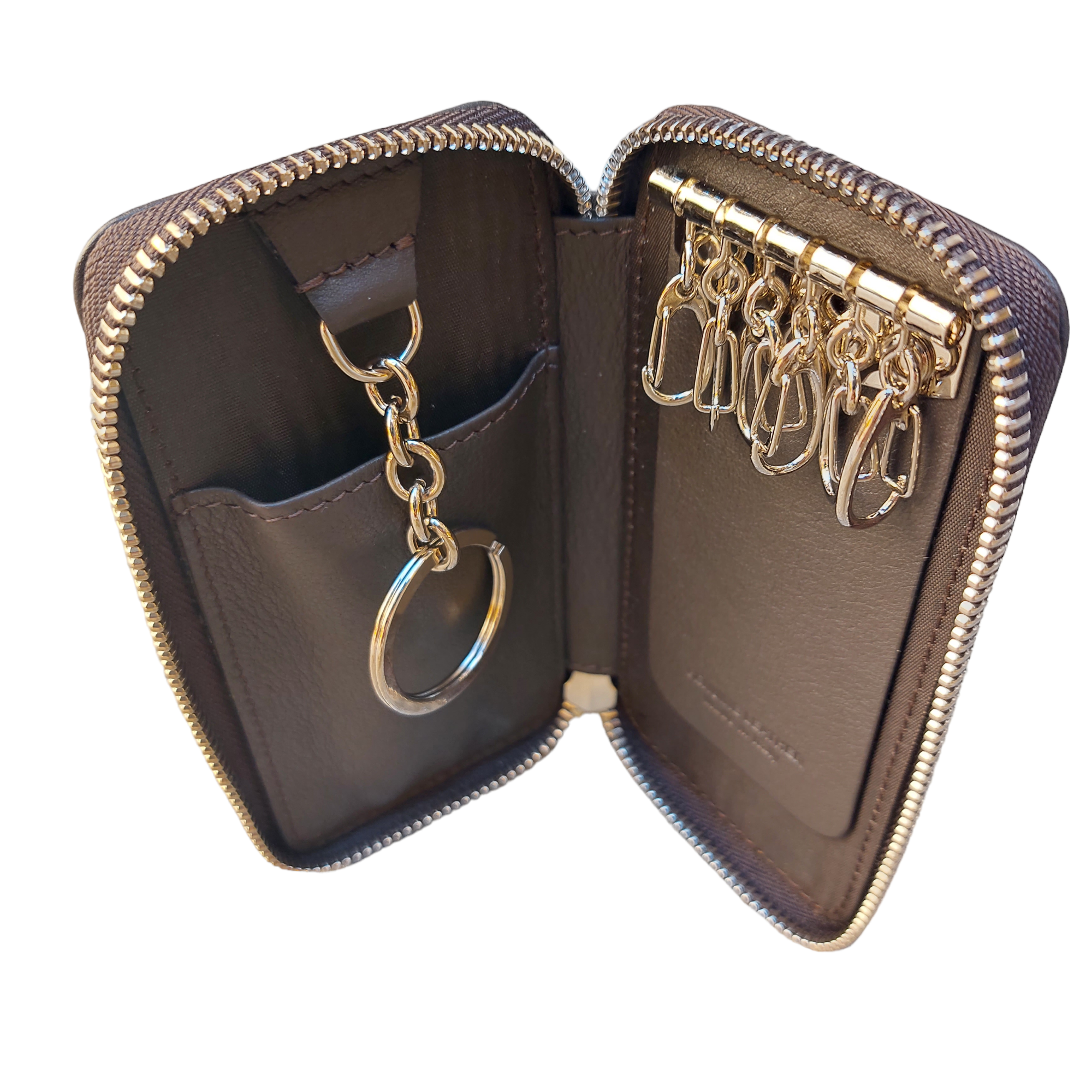 Dark brown leather keychain with zipper