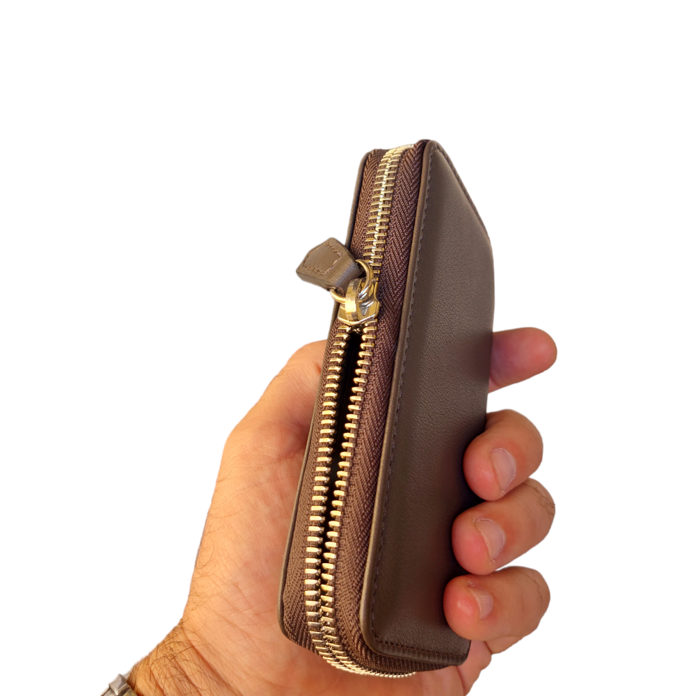 Dark brown leather keychain with zipper