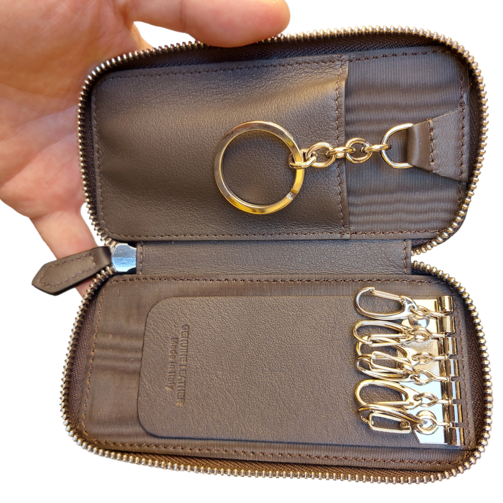 Dark brown leather keychain with zipper