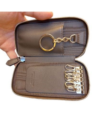 Dark brown leather keychain with zipper