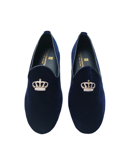 Blue velvet closed slippers with crown 2