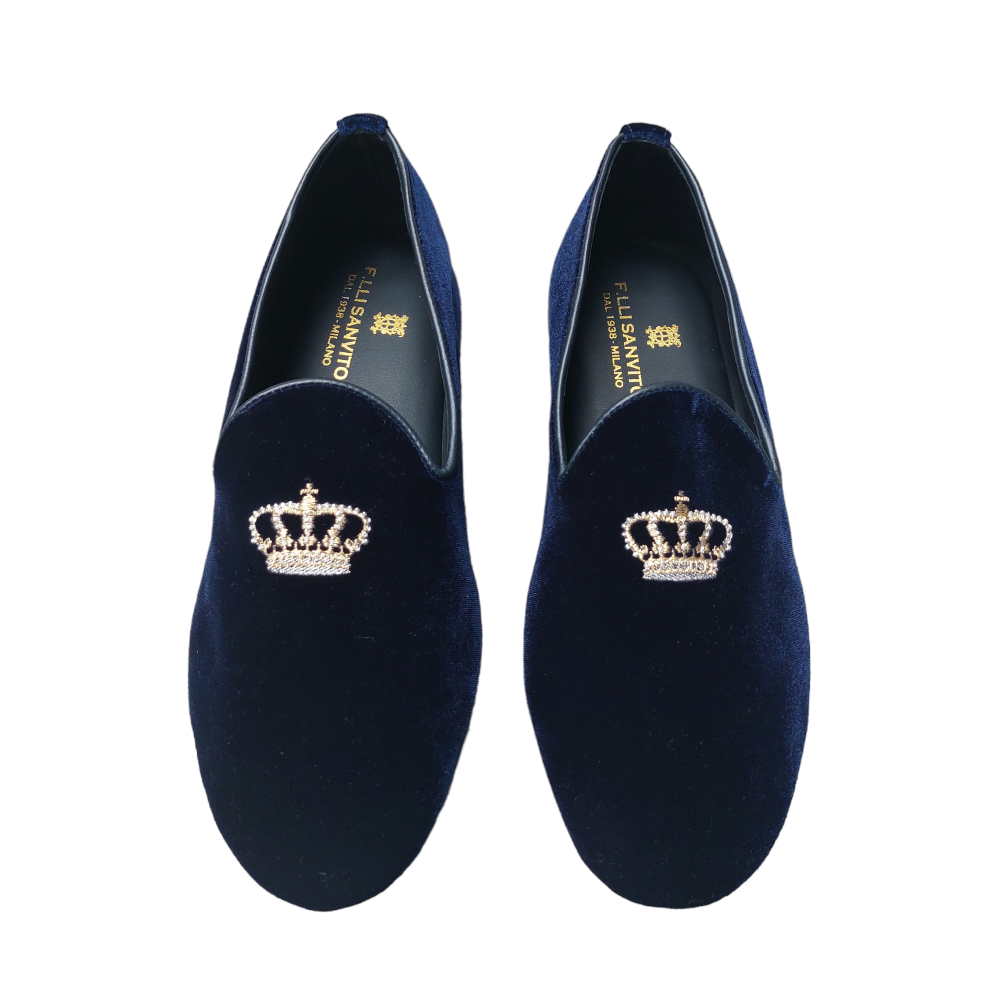 Blue velvet closed slippers with crown