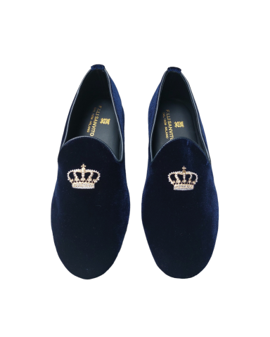 Pantofole chiuse in velluto blu con corona
