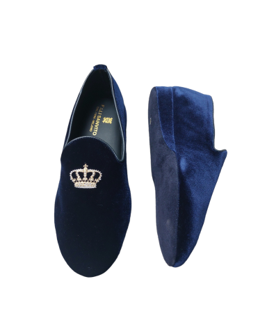 Pantofole chiuse in velluto blu con corona