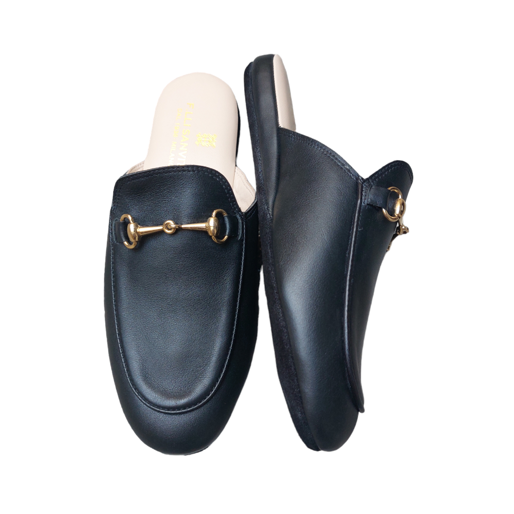 Women's black calfskin slippers with gold clip
