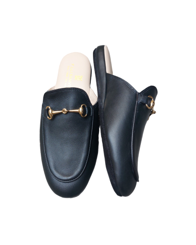 Pantofole donna in vitello nero con morsetto oro