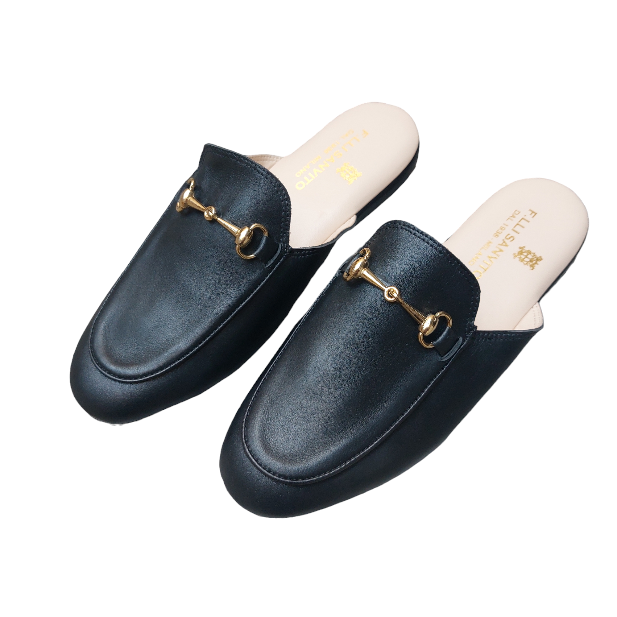 Women's black calfskin slippers with gold clip