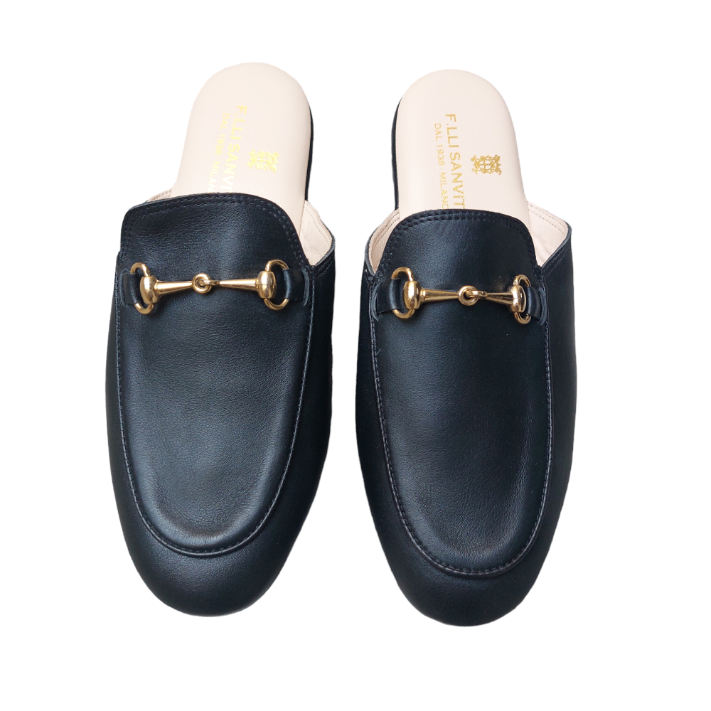 Women's black calfskin slippers with gold clip