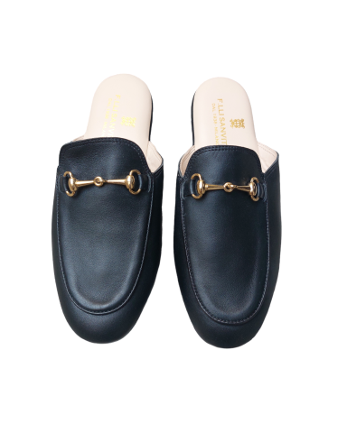 Women's black calfskin slippers with gold clip