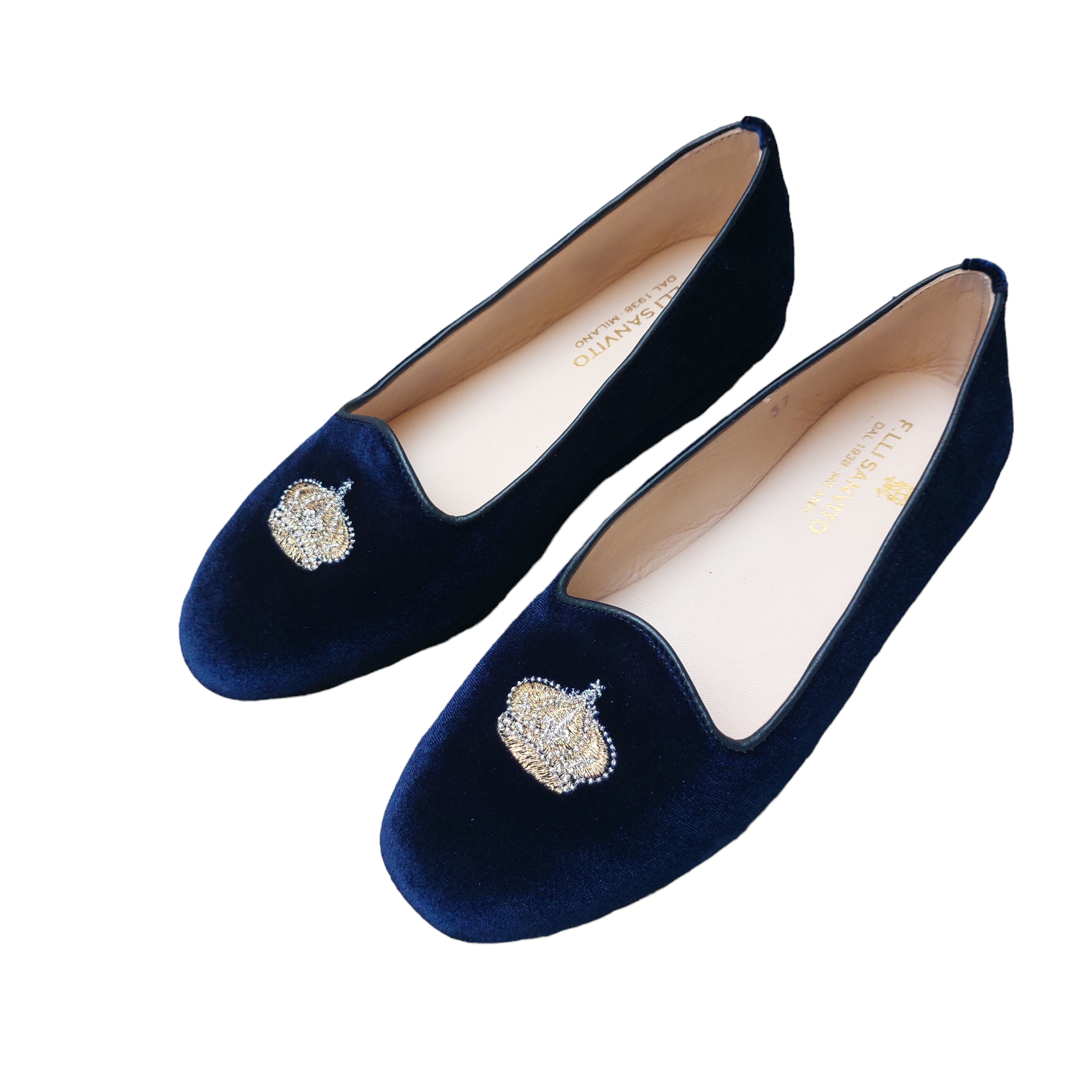 Blue velvet ballerina with gold embroidery