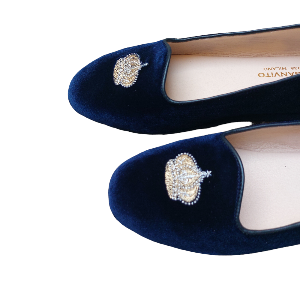 Blue velvet ballerina with gold embroidery