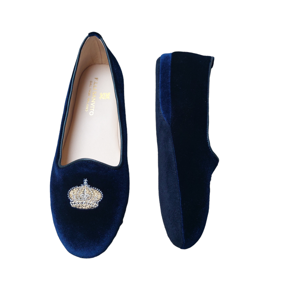 Blue velvet ballerina with gold embroidery