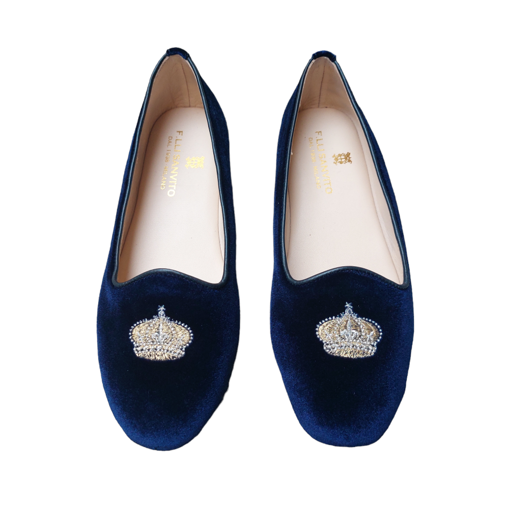 Blue velvet ballerina with gold embroidery