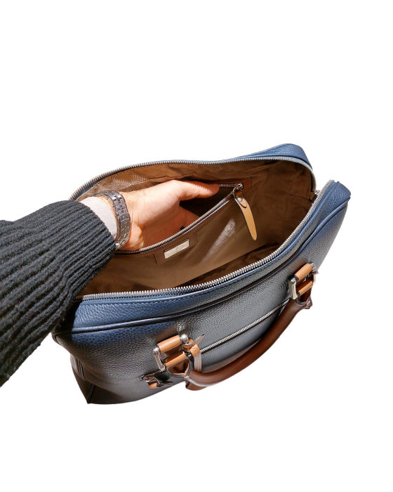 Blue soft genuine leather briefcase