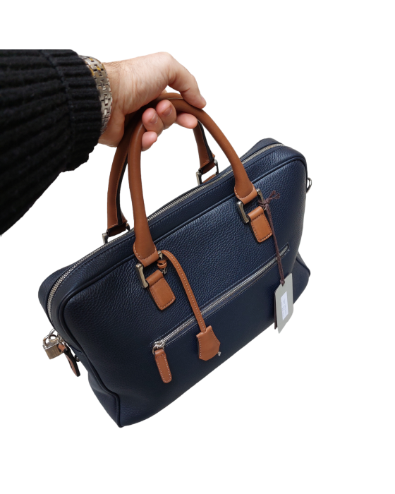 Blue soft genuine leather briefcase