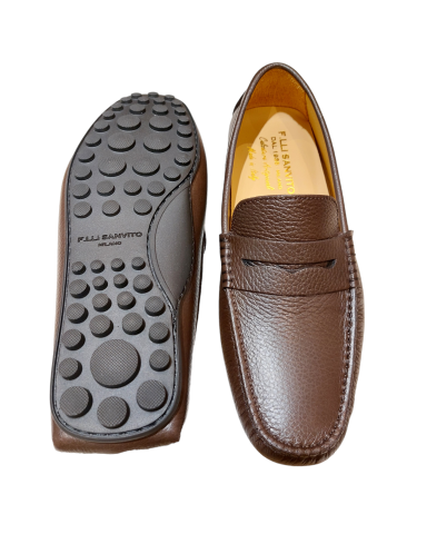 Handmade leather moccasins with rubber soles, ultra-soft, made in Italy.