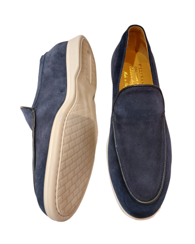 Soft, blue suede summer moccasins with white rubber soles, made in Italy.
